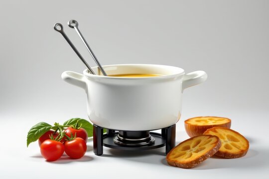 White fondue pot with cheese, cherry tomatoes, and dried orange slices