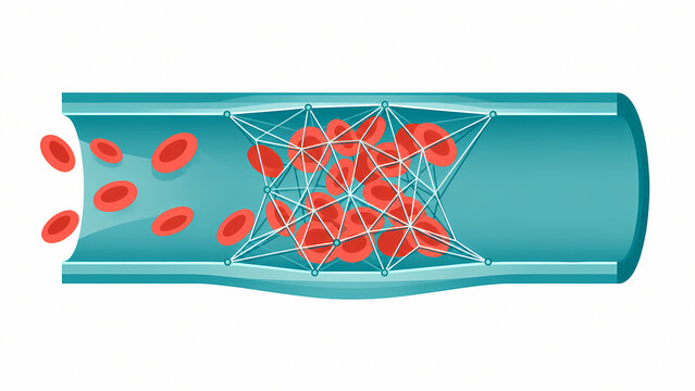 2D vector diagram of blood clot formation showing fibrin mesh trapping red blood cells inside vascular vessel
