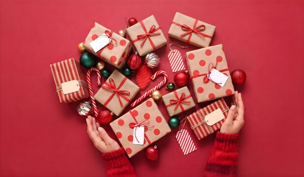 Christmas background with gifts and decorations.