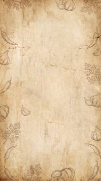 Vintage old parchment paper background with hand drawn spices border and blank rustic recipe menu template
