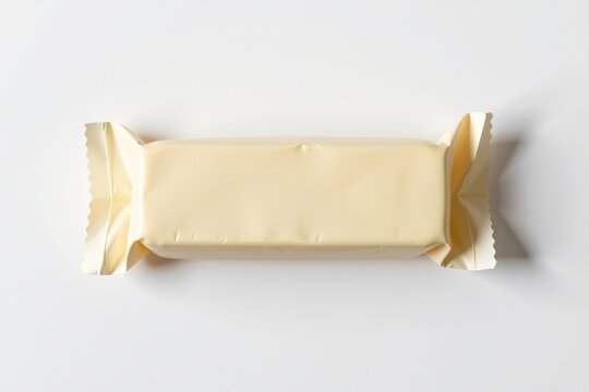 Wrapped candy bar with plain beige packaging on a white background