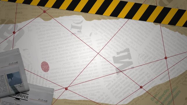 Detective Investigation Background with Evidence Board, Documents, Fingerprint and Red String Connections