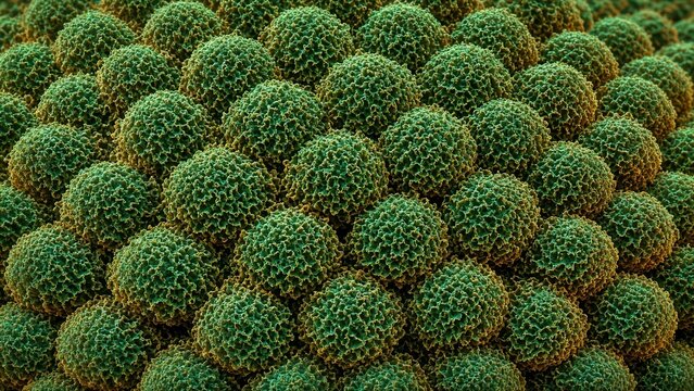 Microscopic pollen grain structure texture showing green textured sphere spore array and bio-inspired botanical exine shell
