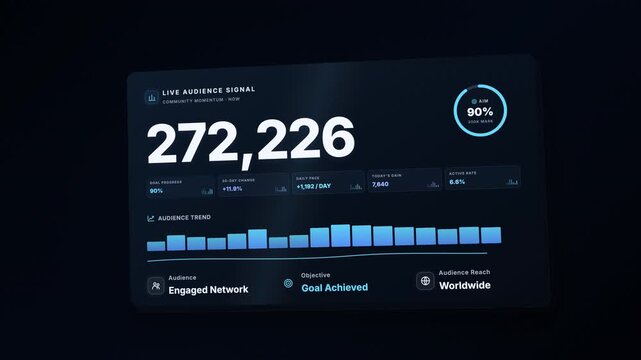 Animated digital dashboard showing audience growth reaching a three hundred thousand milestone.
