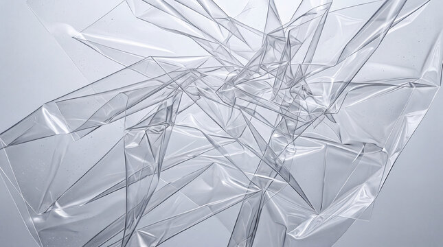 Abstract composition of clear crumpled plastic sheets creating a dynamic textured background with intricate light reflections and a captivating interplay of light and shadow