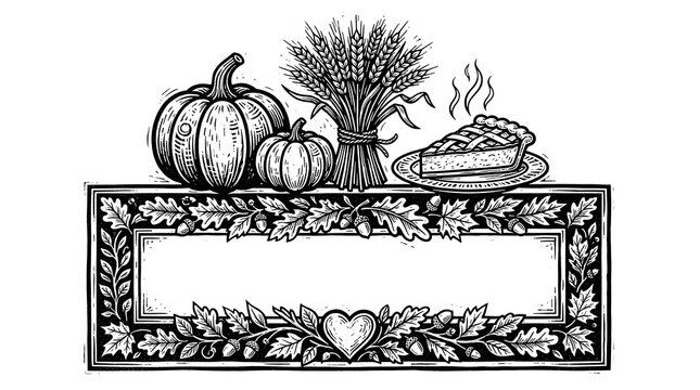 A vintage black and white line art illustration featuring a decorative thanksgiving border with pumpkins and a roasted turkey for seasonal holiday invitation card designs