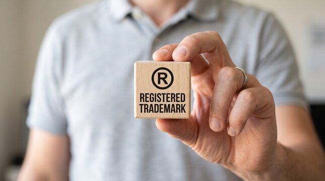 Registered trademark symbol on wooden block, intellectual property protection concept, man holding legal brand identity sign