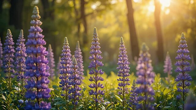 lupine flowers in sunlit meadow during sunrise purple wildflowers bloom