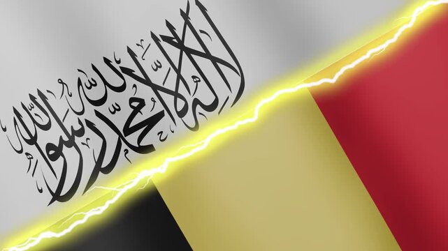 Two waving flags Afghanistan and Belgium with diagonal lightning seamless, 4k loop