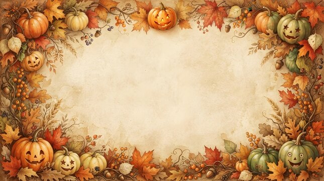 A beautiful rustic thanksgiving border featuring assorted pumpkins and autumn leaves surrounding a central empty space perfect for your seasonal holiday invitations or greeting cards