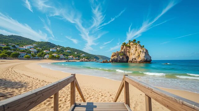 beach stairs to turquoise sea under blue sky with rocky island backdrop