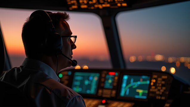 Male pilot in headset flying airplane at sunset. Aviator in cockpit with glowing instrument panel and control screens. Aviation, flight safety and professional air travel concept.