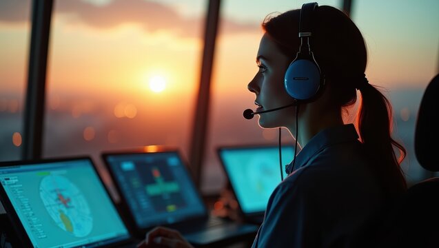 Woman air traffic controller with headset working at radar monitors in control tower at sunset. Female dispatcher monitoring flights on computer screens. Aviation safety and airport operation concept.
