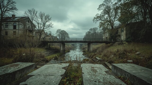 Abandoned bridge over river in deserted town with old damaged buildings and cracked concrete. Post apocalyptic landscape of ghost town after disaster. Decay, oblivion and forgotten places concept