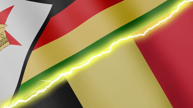 Two waving flags Zimbabwe and Belgium with diagonal lightning seamless, 4k loop
