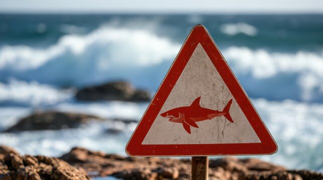Warning sign featuring shark silhouette on rocky coastline with ocean waves indicating potential danger of shark presence in the water