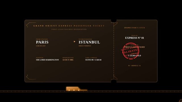 Vintage Luxury Train Ticket Design with Retro Style Elements and Motion Animation Details