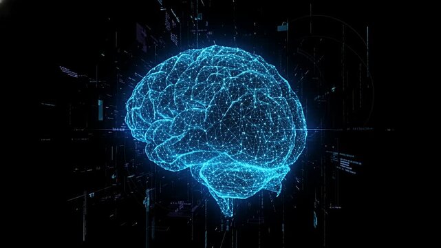 digital neural brain network animation with glowing blue nodes