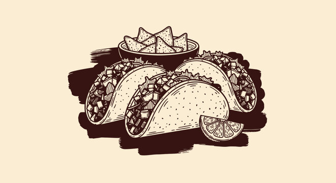 Vintage hand drawn tacos and nachos illustration, retro mexican food sketch with lime, rustic taco platter vector for restaurant menu