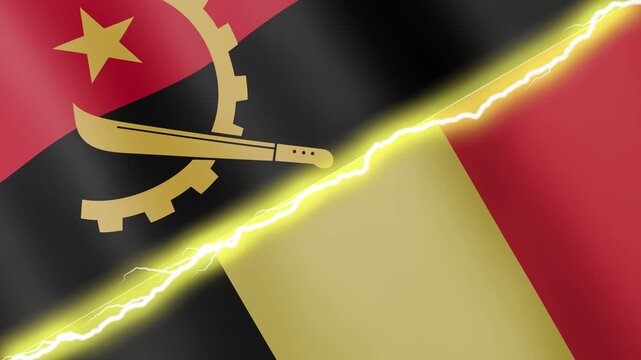 Two waving flags Angola and Belgium with diagonal lightning, 4k loop