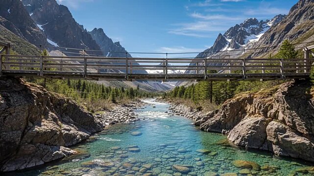 wooden bridge over turquoise river canyon in alpine landscape