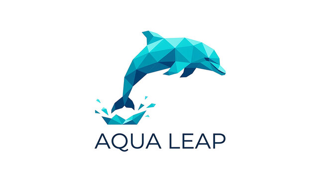 Aqua leap dolphin logo in blue low poly geometric style for marine conservation and water sports branding.