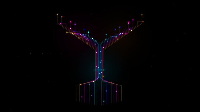 Neon digital tree network animation with glowing particle flow lines streaming through futuristic technological circuit board structure on dark backgr