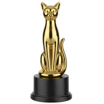 Golden trophy cat statue isolated on transparent background