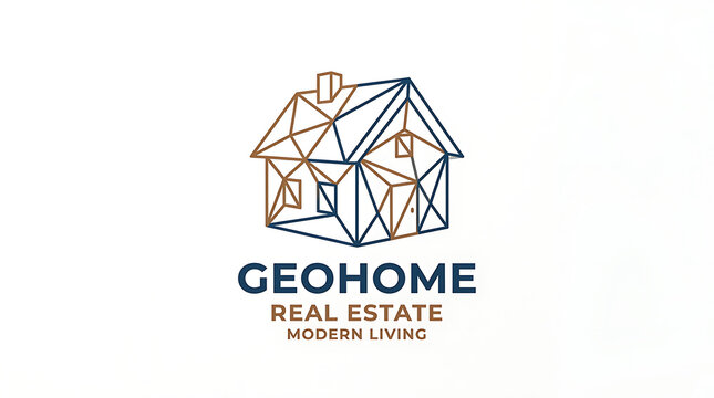 Low poly geometric house logo design featuring blue and copper lines for real estate and modern architecture branding.