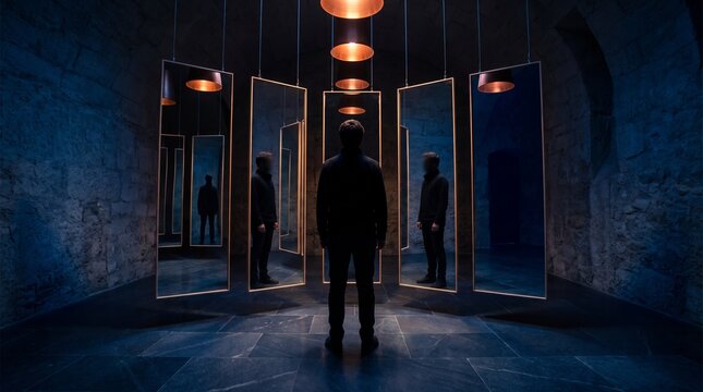 Mysterious silhouette stands centered before multiple suspended reflective glass mirrors creating infinite visual depth under warm hanging pendant lights in this cinematic conceptual dark photogragh.