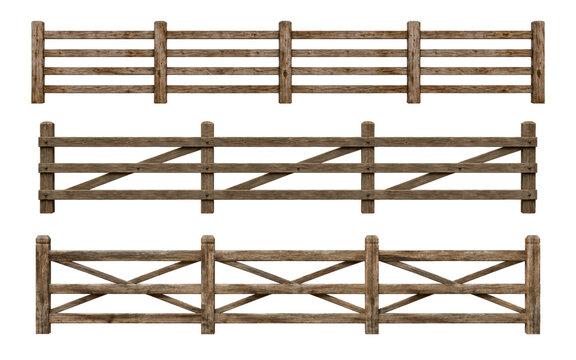 Collection of three rustic wooden fence designs featuring horizontal rails and cross-braced timber sections, isolated on a clean white background. Traditional rural fencing elements with weathered 