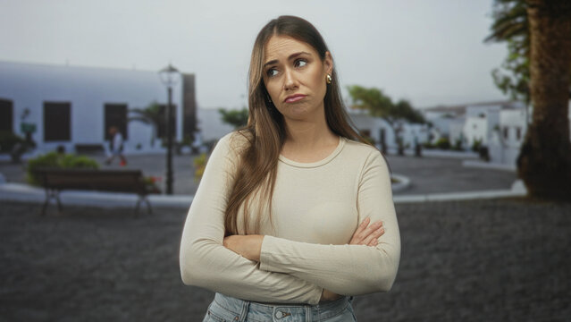 Woman with arms crossed and pouting expression in a whitewashed village street with bench, lamppost and palm tree visible; disappointment doubt.
