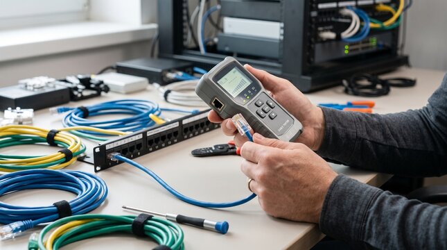 An IT technician testing a blue RJ45 ethernet cable using a digital network cable tester on a workstation desk