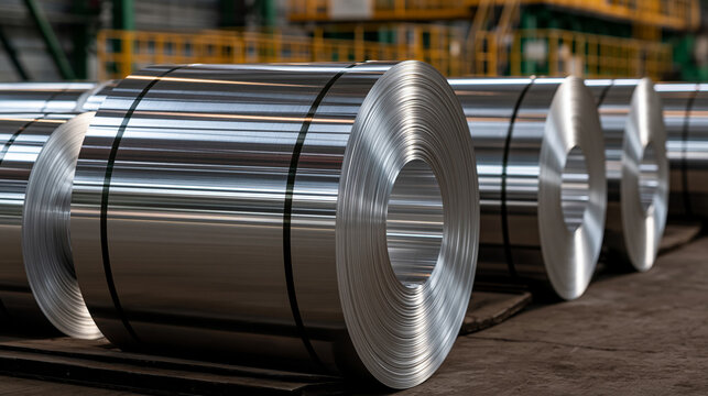Elegant photo of Shiny steel coils stored in a modern metal manufacturing plant. Represents industrial production and raw material supply chain concepts.