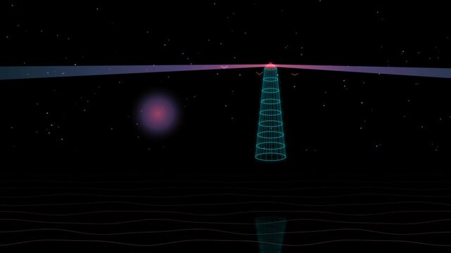 Futuristic lighthouse signal beacon with rotating neon laser light beams scanning across a dark starry digital grid night landscape motion background
