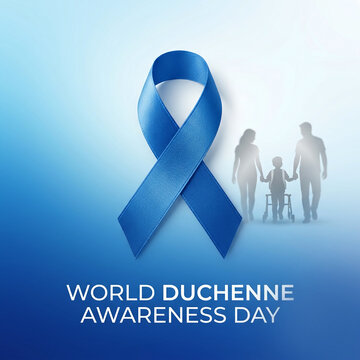 World Duchenne Awareness Day Banner with Blue Ribbon and Family Silhouette
