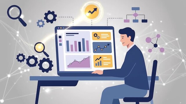 Male data scientist analyzing business data and binary code on digital dashboard flat animation