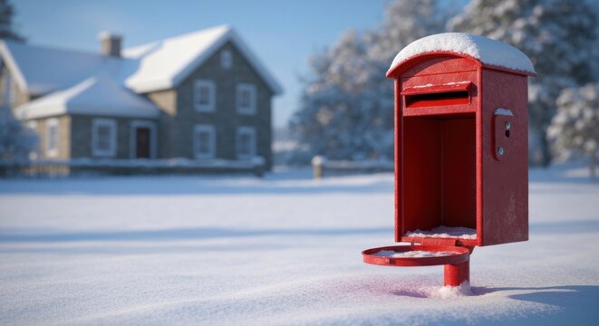 Winter Wonderland - Red Mailbox in Snowy Landscape with House.