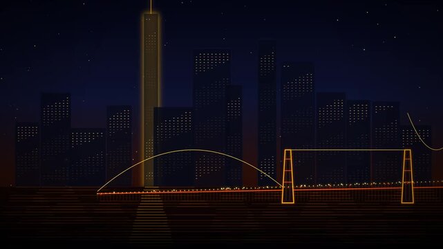 Minimalist Night City Skyline Animation with Glowing Orange Bridge Architecture and Tall Skyscraper Silhouette against Dark Blue Starry Night Sky