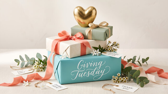 Stack of Gift Boxes for Giving Tuesday on Light Surface. Giving Tuesday card with gift box