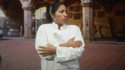 Young hispanic woman chef crosses arms hugging chest with hands visible, grimacing in a historic stone building courtyard  cold discomfort. © Krakenimages.com