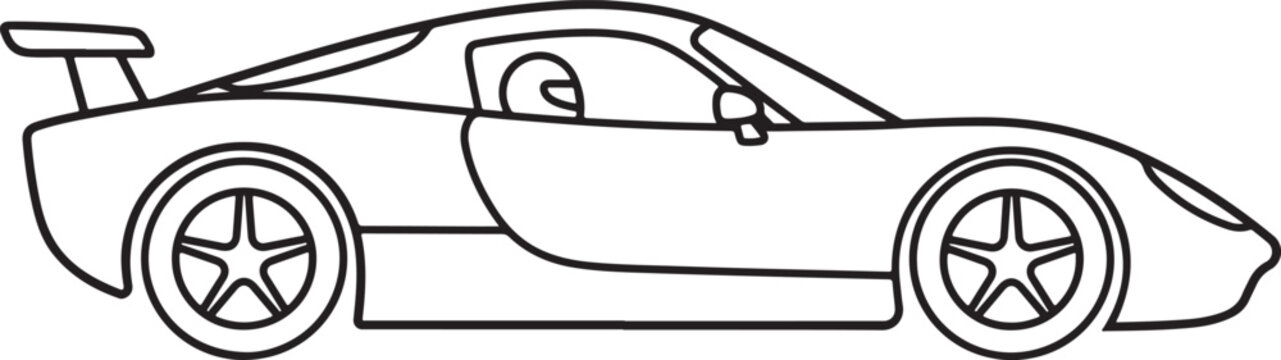 Hand drawn black white supercar racing sports car line art