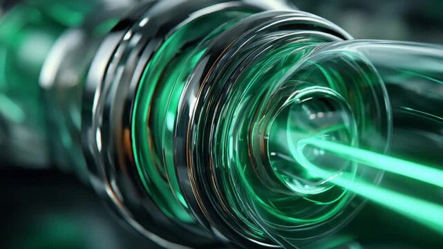Futuristic Laser Technology: A close-up of a high-tech laser emitting a vibrant green beam, embedded within a complex, futuristic machinery, suggesting innovation and advanced science.
