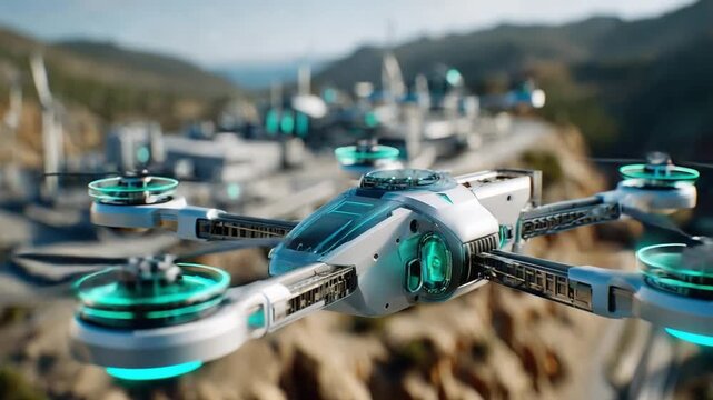Futuristic Drone Over a Sci-Fi Cityscape: An advanced drone with glowing blue accents hovers in the air, overlooking a futuristic city nestled in a mountainous landscape. The city features sleek.