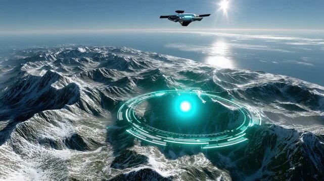 Futuristic Drone Over Mysterious Crater: A sleek, futuristic drone hovers above a snow-capped mountain range, observing a glowing, circular energy anomaly emanating from a deep crater.