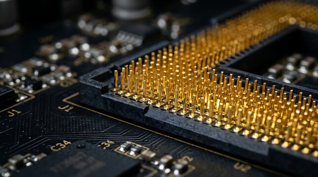 Macro view of gold CPU socket pins on a computer motherboard. Technology and hardware concept for IT repair ads.