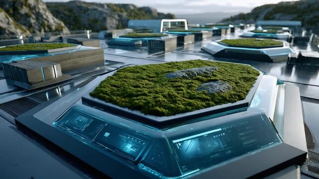 Futuristic Cityscape: A high-tech, sustainable urban development blends advanced architecture with lush green spaces, showcasing innovative city planning and eco-friendly living concepts in a serene.
