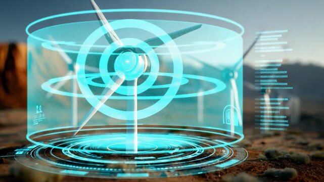 Futuristic Wind Turbine Technology: A holographic interface displays data and schematics of a wind turbine, highlighting advanced renewable energy technology.