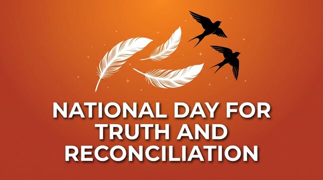 National Day for Truth and Reconciliation banner, orange shirt day background with feathers and birds, indigenous awareness graphic