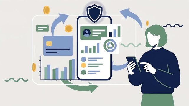 Businesswoman tracking financial analytics and secure mobile banking flat animation